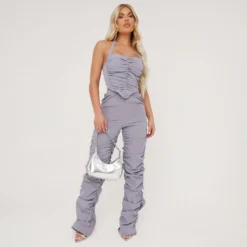 EGO High Waist Ruched Detail Trousers In Grey