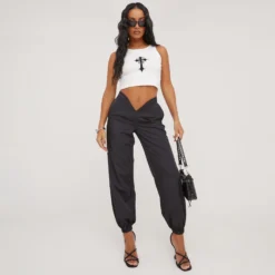 EGO Dipped V Waistline Ruched Detail Shell Cargos In Black