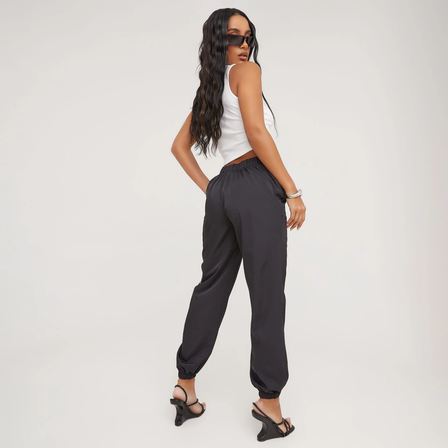 EGO Dipped V Waistline Ruched Detail Shell Cargos In Black 3 EGO Dipped V Waistline Ruched Detail Shell Cargos In Black - Image 3