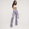 EGO High Waist Denim Print Flared Trousers In Grey