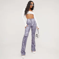 EGO High Waist Denim Print Flared Trousers In Grey