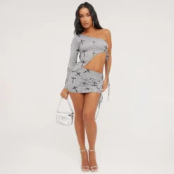 EGO One Sleeve Ruched Detail Cross Print Asymmetric Top And High Waist Mini Bodycon Skirt Co-Ord Set In Black -EGO Sales Store 16 03 23 ming69776 s scaled