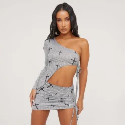 EGO One Sleeve Ruched Detail Cross Print Asymmetric Top And High Waist Mini Bodycon Skirt Co-Ord Set In Black