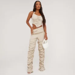EGO High Waist Ruched Detail Trousers In Stone -EGO Sales Store 16 05 23 ming99430 s scaled