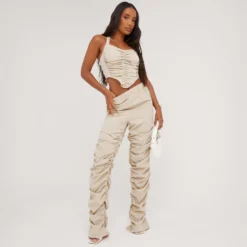 EGO High Waist Ruched Detail Trousers In Stone