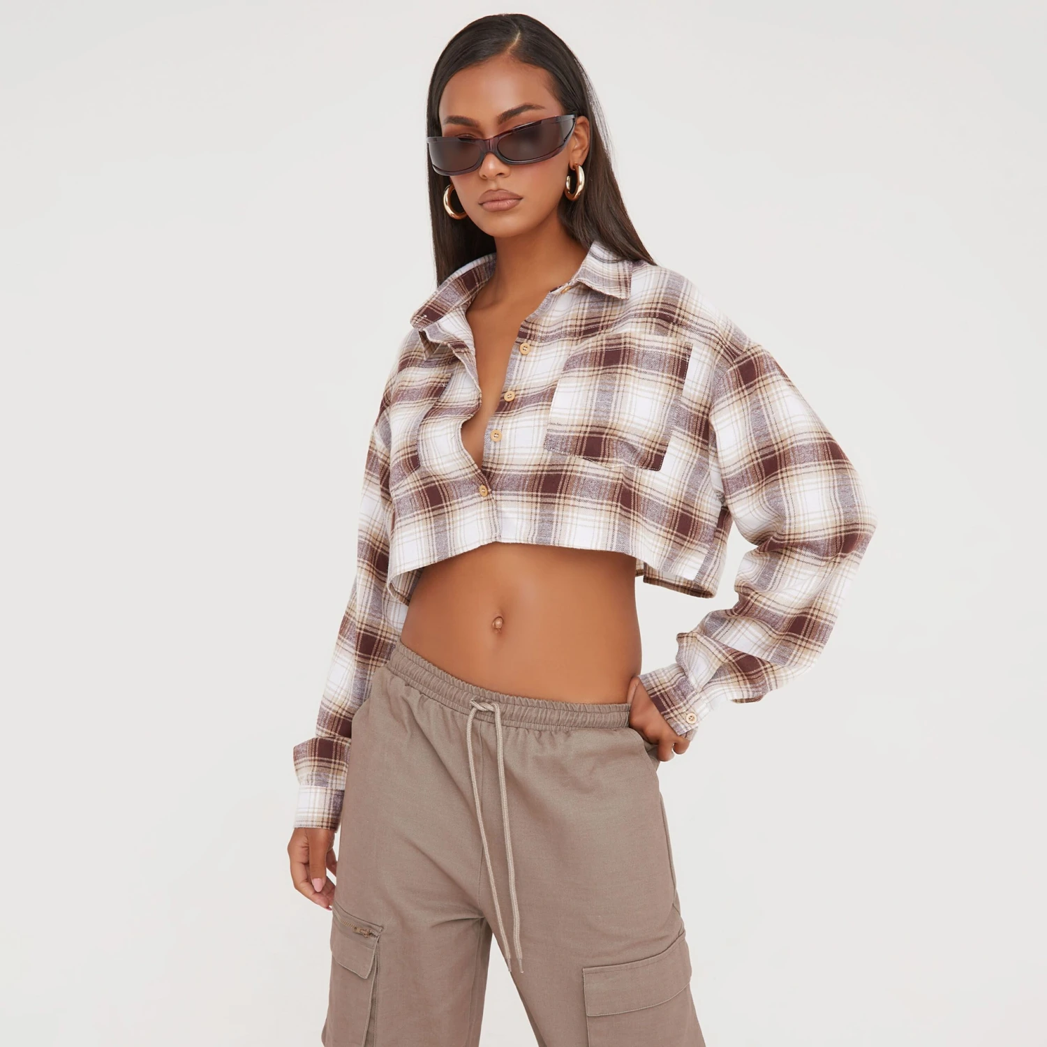 EGO Long Sleeve Cropped Shirt In Checked Beige