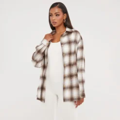 EGO Long Sleeve Oversized Shirt In Checked Beige