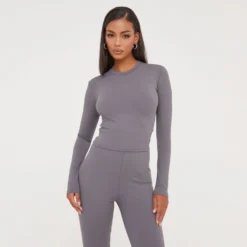 EGO High Neck Long Sleeve Super Stretch Top In Dark Grey