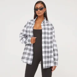 EGO Long Sleeve Oversized Shirt In Checked Monochrome