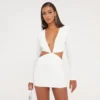 EGO Long Sleeve Cut Out Detail Plunge Front Shoulder Pad Mini Bodycon Dress In White
