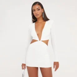 EGO Long Sleeve Cut Out Detail Plunge Front Shoulder Pad Mini Bodycon Dress In White