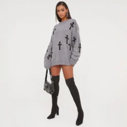 EGO Long Sleeve Cross Patch Detail Oversized Jumper In Charcoal Knit -EGO Sales Store 17 01 23 pam46530 s scaled