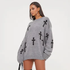 EGO Long Sleeve Cross Patch Detail Oversized Jumper In Charcoal Knit
