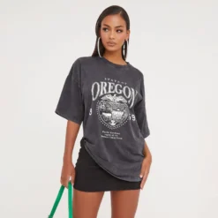 Oversized 'Oregon' Graphic T-Shirt In Charcoal Grey Acid Wash