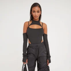 EGO High Neck Cold Shoulder Double Layer Bodysuit In Black