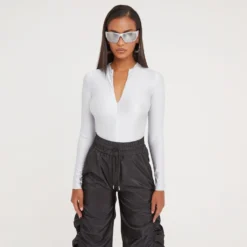EGO Long Sleeve Zip Up Bodysuit In Silver Metallic