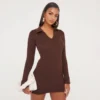 EGO Long Sleeve Collared Mini Bodycon Dress In Brown Knit