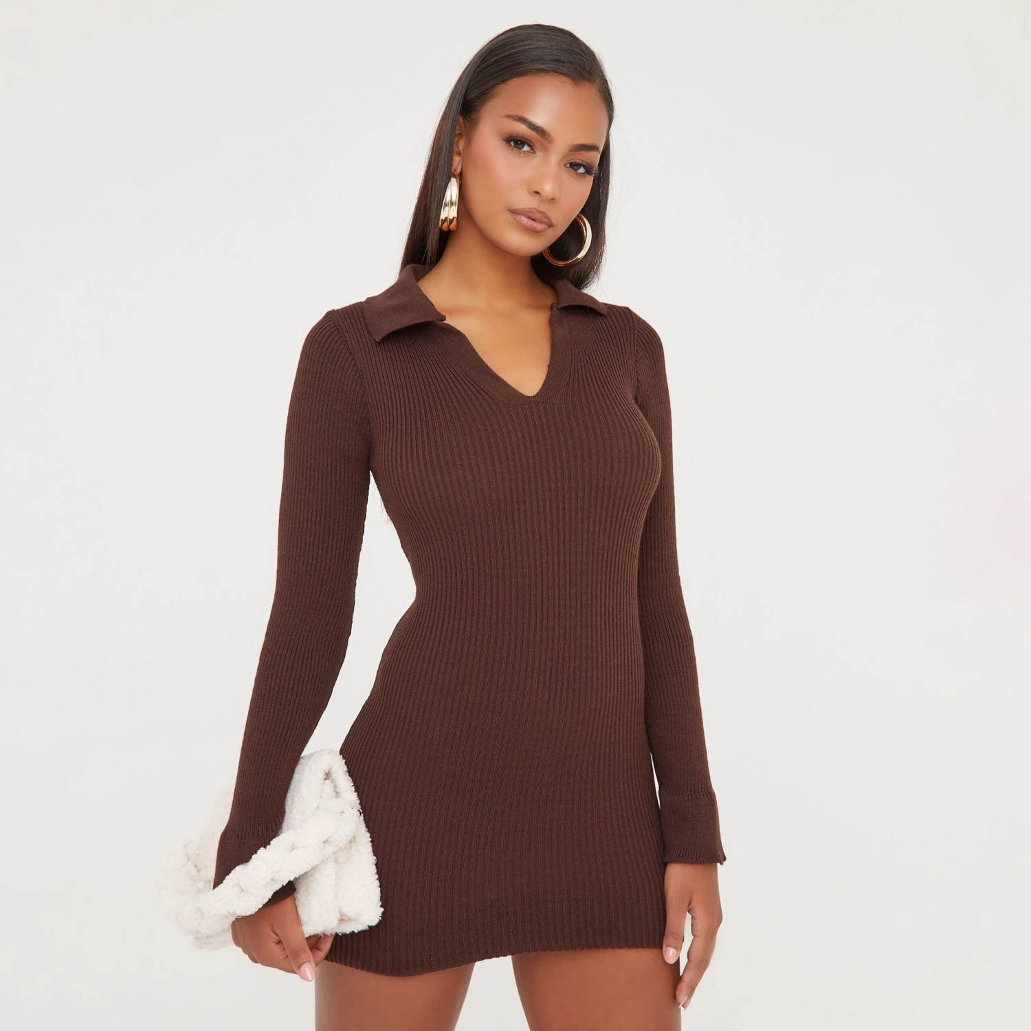 EGO Long Sleeve Collared Mini Bodycon Dress In Brown Knit