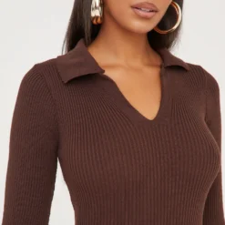 EGO Long Sleeve Collared Mini Bodycon Dress In Brown Knit 6 EGO Long Sleeve Collared Mini Bodycon Dress In Brown Knit -EGO Sales Store 17 01 23 pam47208 s scaled