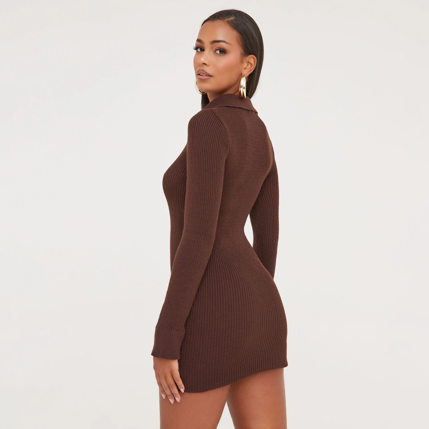 EGO Long Sleeve Collared Mini Bodycon Dress In Brown Knit 2 EGO Long Sleeve Collared Mini Bodycon Dress In Brown Knit - Image 2