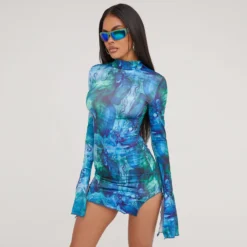 EGO High Neck Long Sleeve Split Leg Printed Mini Bodycon Dress In Multi Blue Slinky
