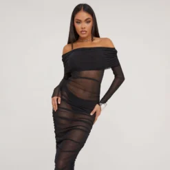 EGO Bardot Long Sleeve Ruched Detail Maxi Dress In Black Mesh -EGO Sales Store 18 04 23 jul86474 sq scaled