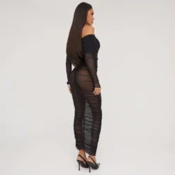 EGO Bardot Long Sleeve Ruched Detail Maxi Dress In Black Mesh -EGO Sales Store 18 04 23 jul86478 sq scaled