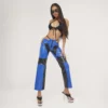 EGO Thong Cut Out Detail Straight Leg Trousers In Blue Multi Faux Leather