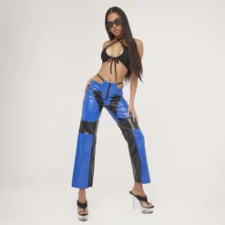 EGO Thong Cut Out Detail Straight Leg Trousers In Blue Multi Faux Leather
