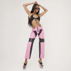 EGO Thong Cut Out Detail Straight Leg Trousers In Pink Multi Faux Leather