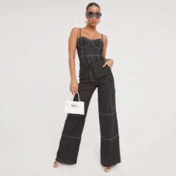 EGO High Waist Contrast Stitch Detail Wide Leg Trousers In Black