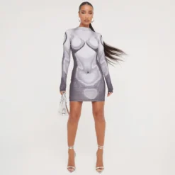 EGO Long Sleeve High Neck Body Print Detail Mini Bodycon Dress In Black And Grey -EGO Sales Store 19 01 23 ming48530 s scaled