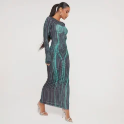 EGO Long Sleeve Strap Back Detail Body Print Maxi Bodycon Dress In Black And Green Slinky
