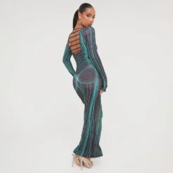 EGO Long Sleeve Strap Back Detail Body Print Maxi Bodycon Dress In Black And Green Slinky -EGO Sales Store 19 01 23 ming48572 s scaled
