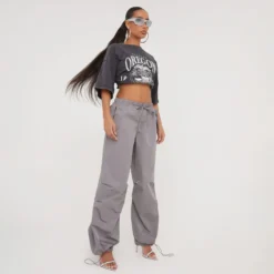 EGO Low Rise Oversized Parachute Cargo Trousers In Grey