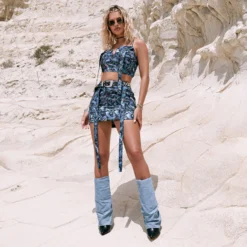 EGO High Waist Suspender Detail Mini Bodycon Skirt In Blue Camo Print