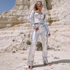 EGO High Waist Straight Leg Trousers In Silver Metallic Croc Print Faux Leather