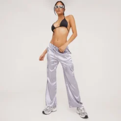 EGO Low Rise Pocket Detail Straight Leg Cargo Trousers In Silver Metallic