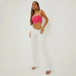 EGO Dipped Waist Ruched Feather Trim Detail Straight Leg Trousers In White -EGO Sales Store 20 10 22 annab14064 1 scaled