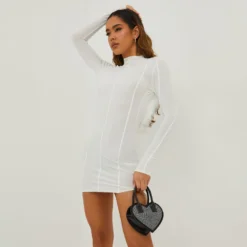 EGO High Neck Long Sleeve Feather Trim Open Back Detail Mini Bodycon Dress In White Slinky -EGO Sales Store 20 10 22 annab14444 scaled