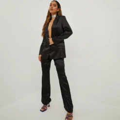 EGO High Waist Straight Leg Trousers In Black Satin