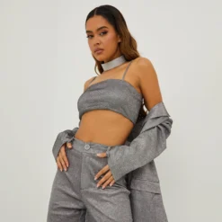 EGO Thin Straps Square Neck Bralet In Silver Glitter