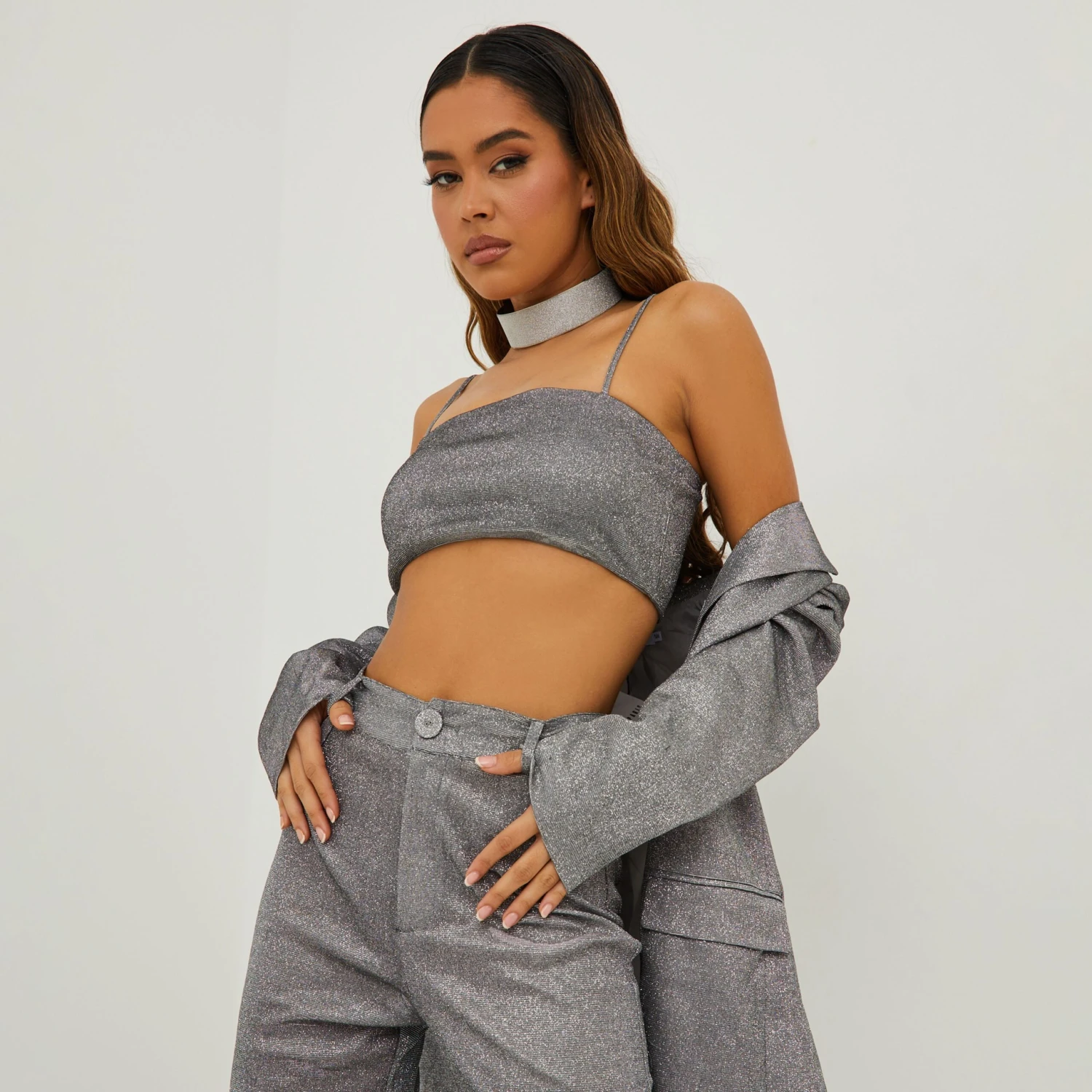 EGO Thin Straps Square Neck Bralet In Silver Glitter 1 EGO Thin Straps Square Neck Bralet In Silver Glitter