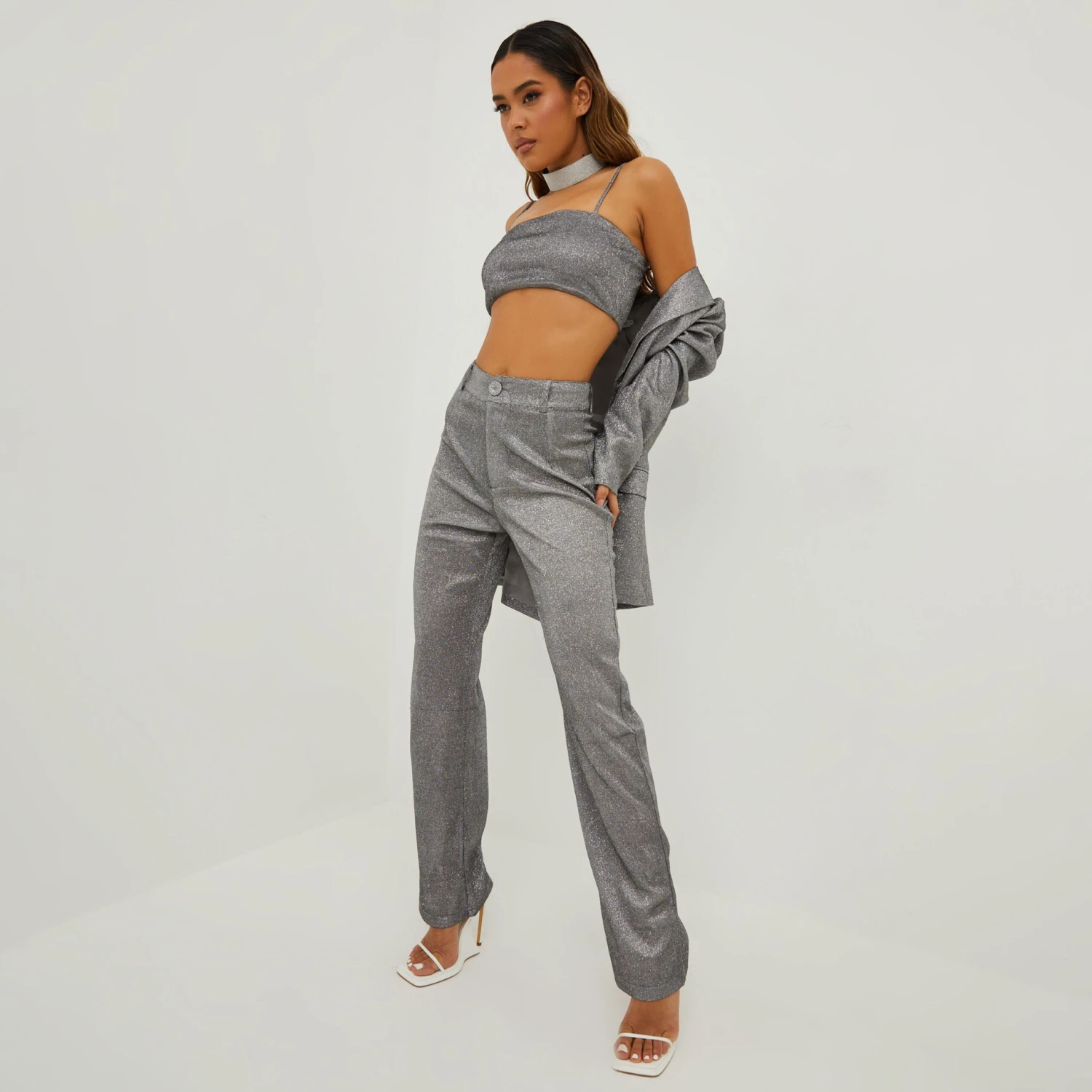 EGO Thin Straps Square Neck Bralet In Silver Glitter 4 EGO Thin Straps Square Neck Bralet In Silver Glitter - Image 4