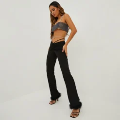 EGO Dipped Waist Ruched Feather Trim Detail Straight Leg Trousers In Black