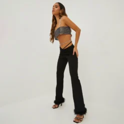 EGO Dipped Waist Ruched Feather Trim Detail Straight Leg Trousers In Black -EGO Sales Store 20 10 22 annab14963 scaled