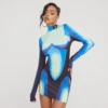 EGO High Neck Long Sleeve Body Heat Printed Detail Mini Bodycon Dress In Blue