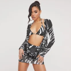 EGO Long Sleeve Cowl Neck Top And Bralet In Printed Monochrome