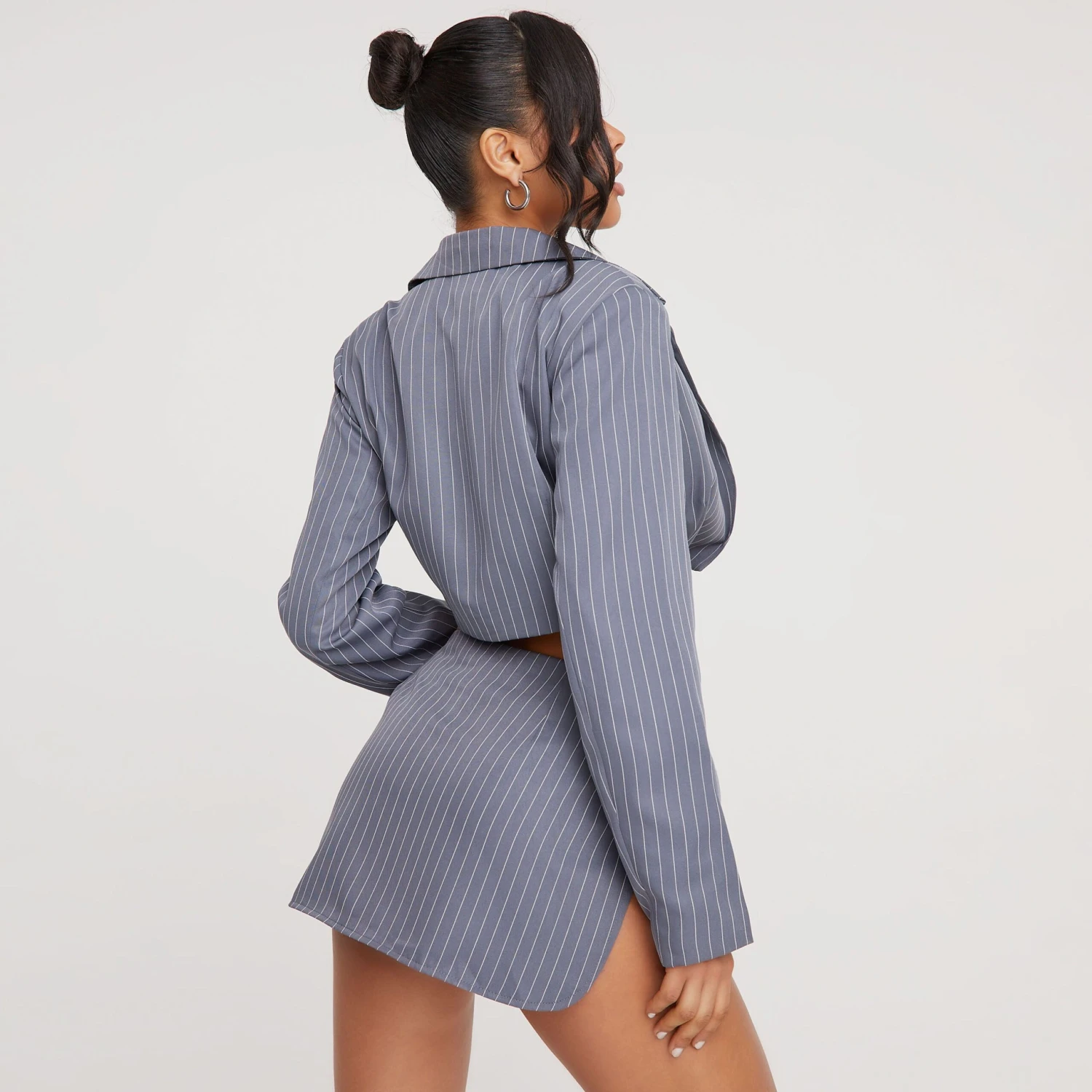 EGO High Waist Side Split Detail Mini Skirt In Grey Pinstripe 3 EGO High Waist Side Split Detail Mini Skirt In Grey Pinstripe - Image 3