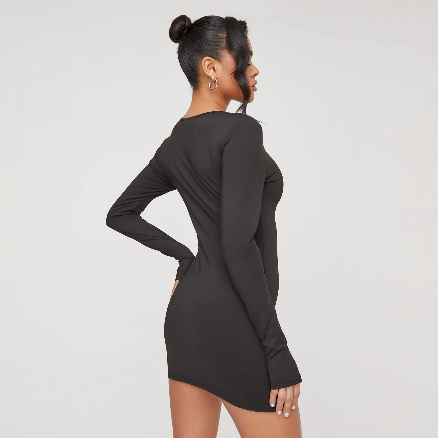 EGO Long Sleeve Zip Up Detail Super Stretch Mini Bodycon Dress In Black 4 EGO Long Sleeve Zip Up Detail Super Stretch Mini Bodycon Dress In Black - Image 4